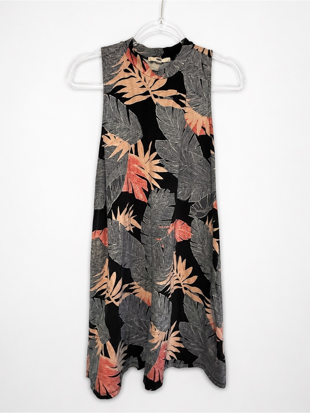 Vans Black Sleeveless Tropical Midi Dress with Peach & Gray Leaves